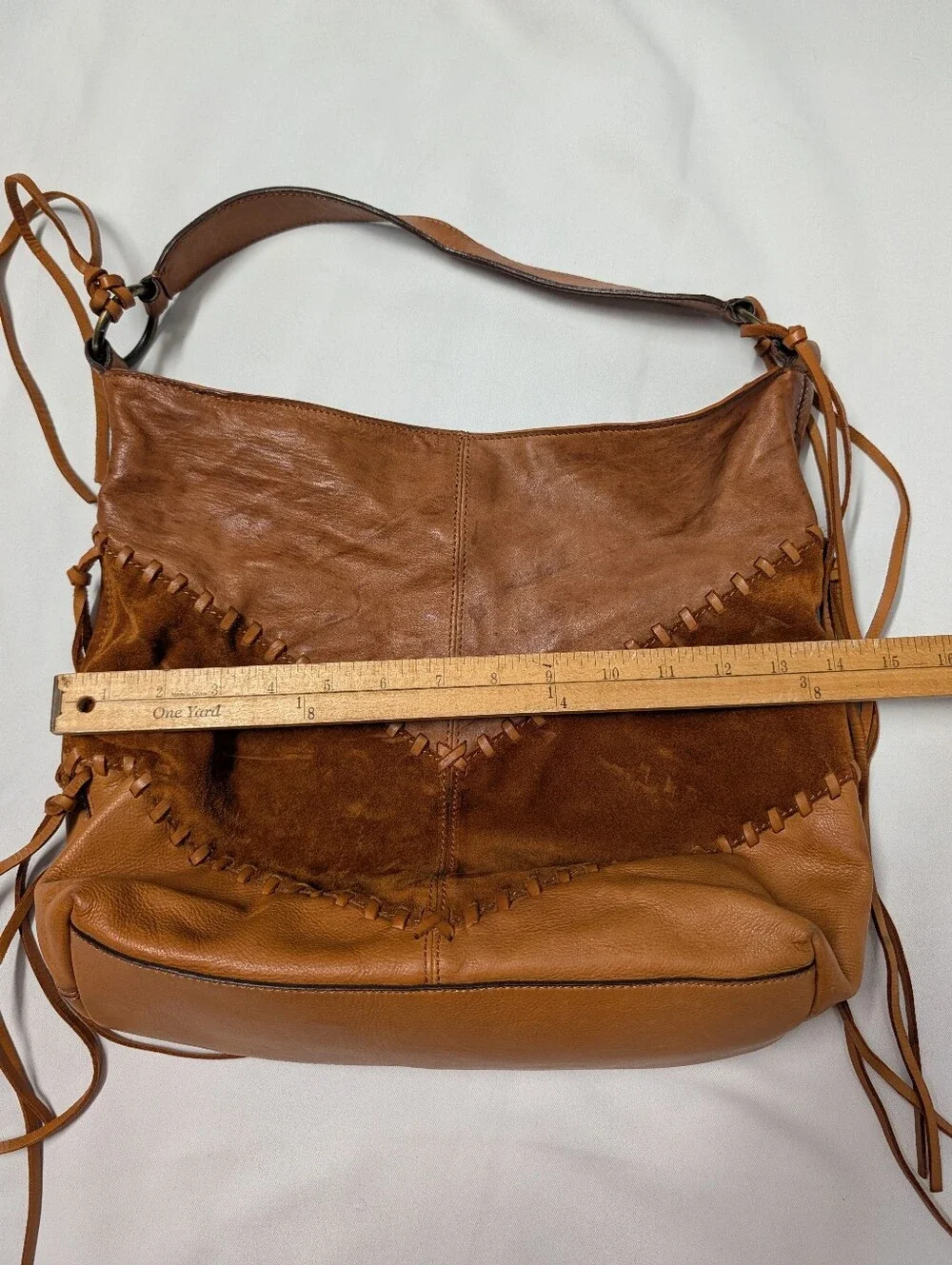 Johnny Was Brown and Tan Leather Suede Fringe Shoulder Bag